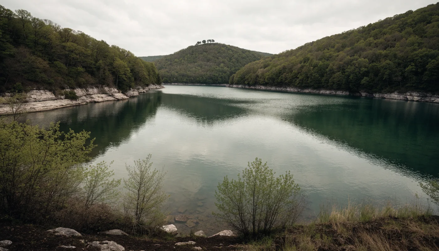 Sheltered lake cove edged by wooded Ozark hills and pale rock bluffs.