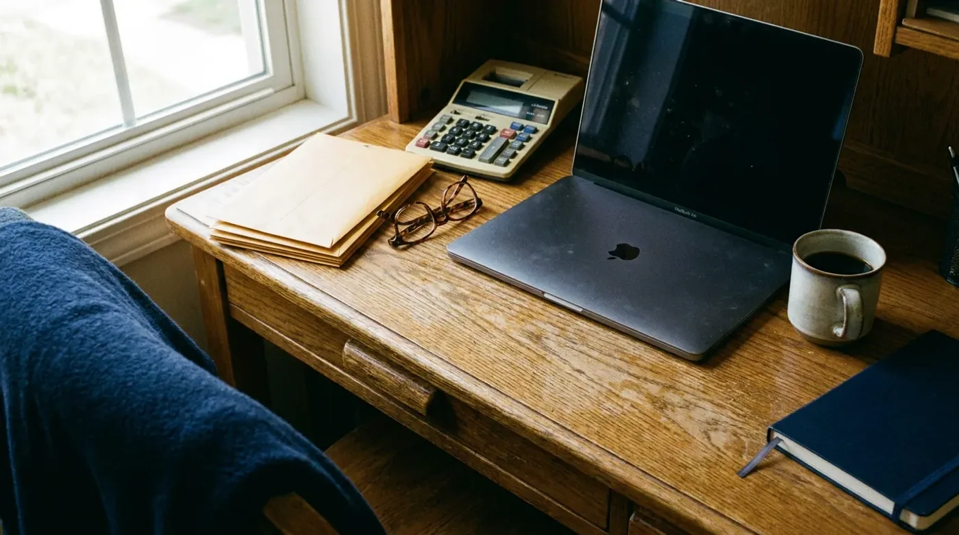 A calculator, envelopes, glasses and laptop on a wooden home-office desk.