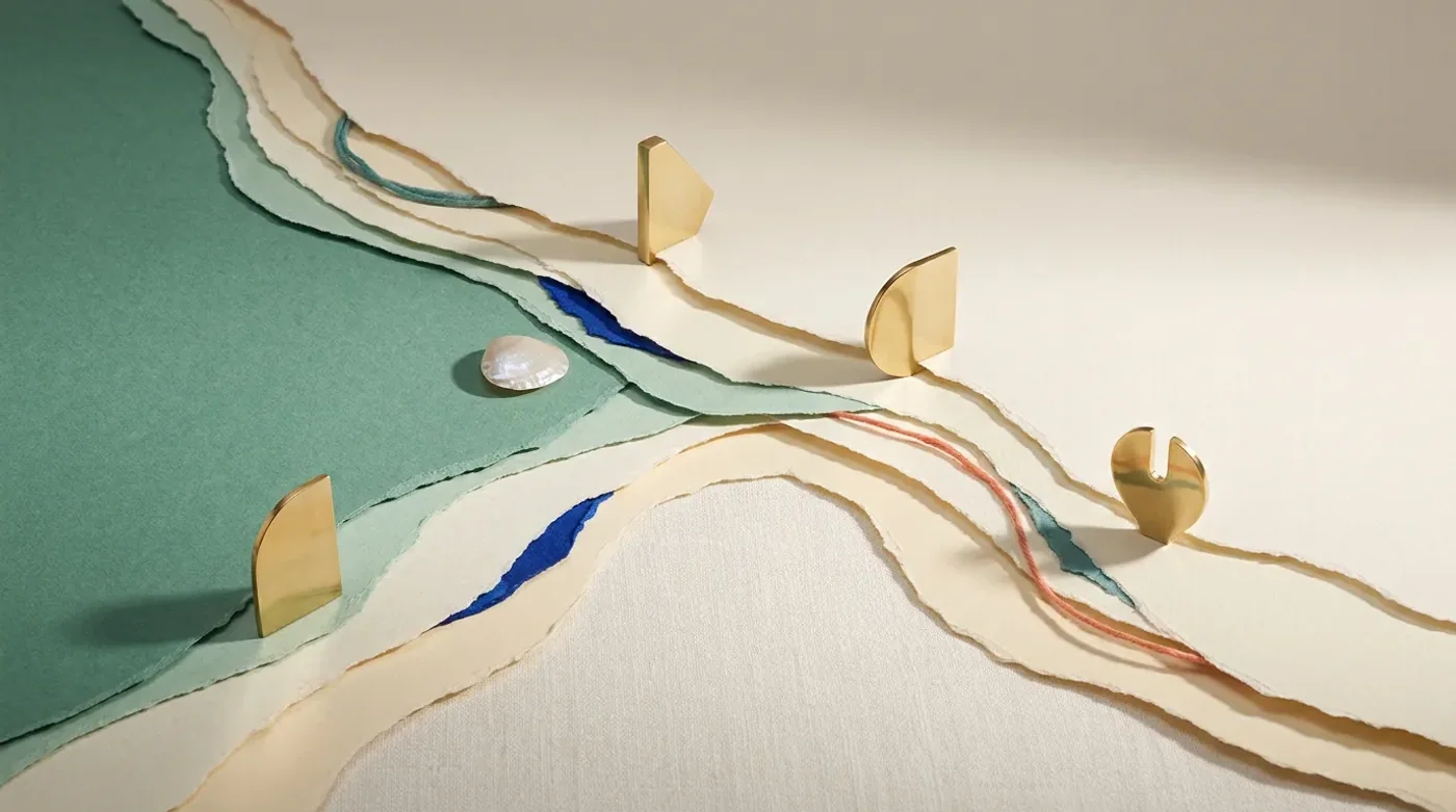 Brass markers on a layered paper coastline in ivory and sea green.