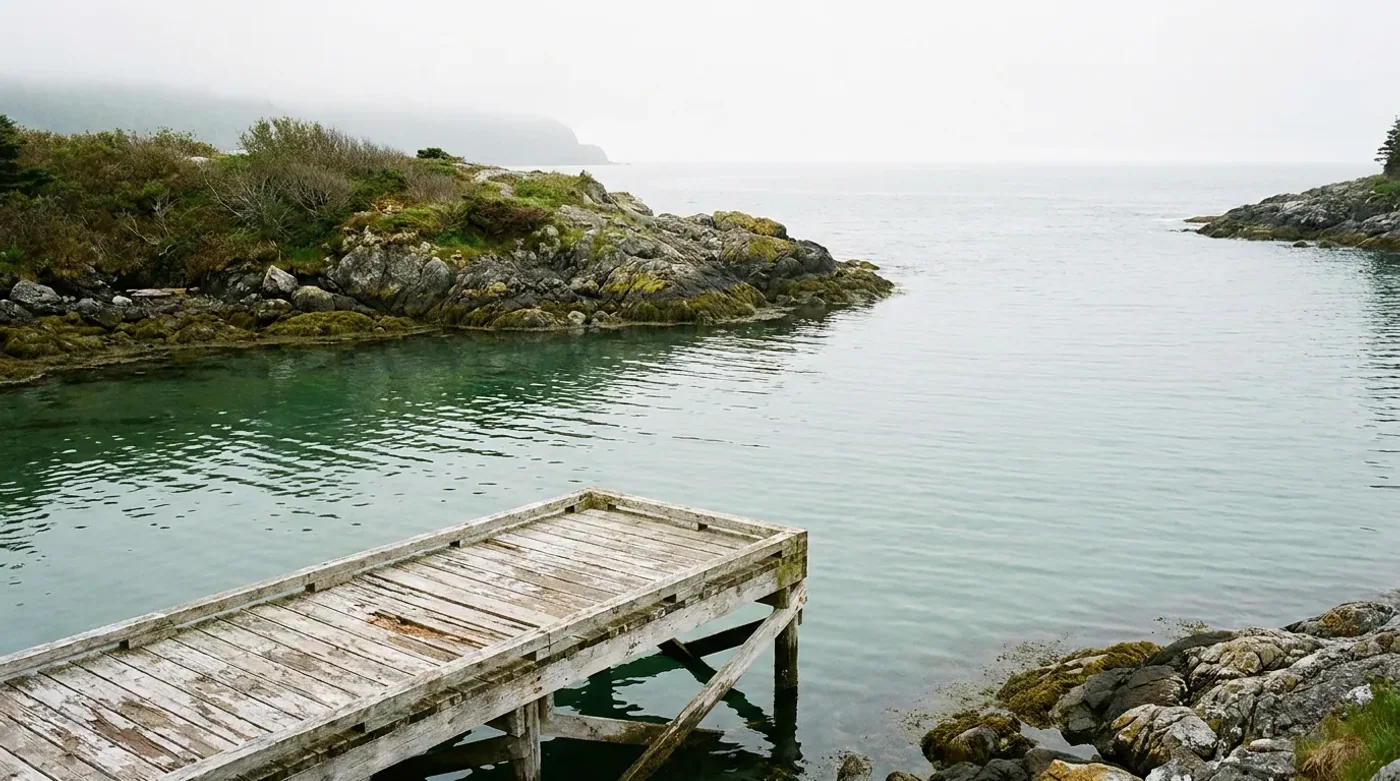 A weathered wooden pier beside a sheltered rocky coastal inlet.