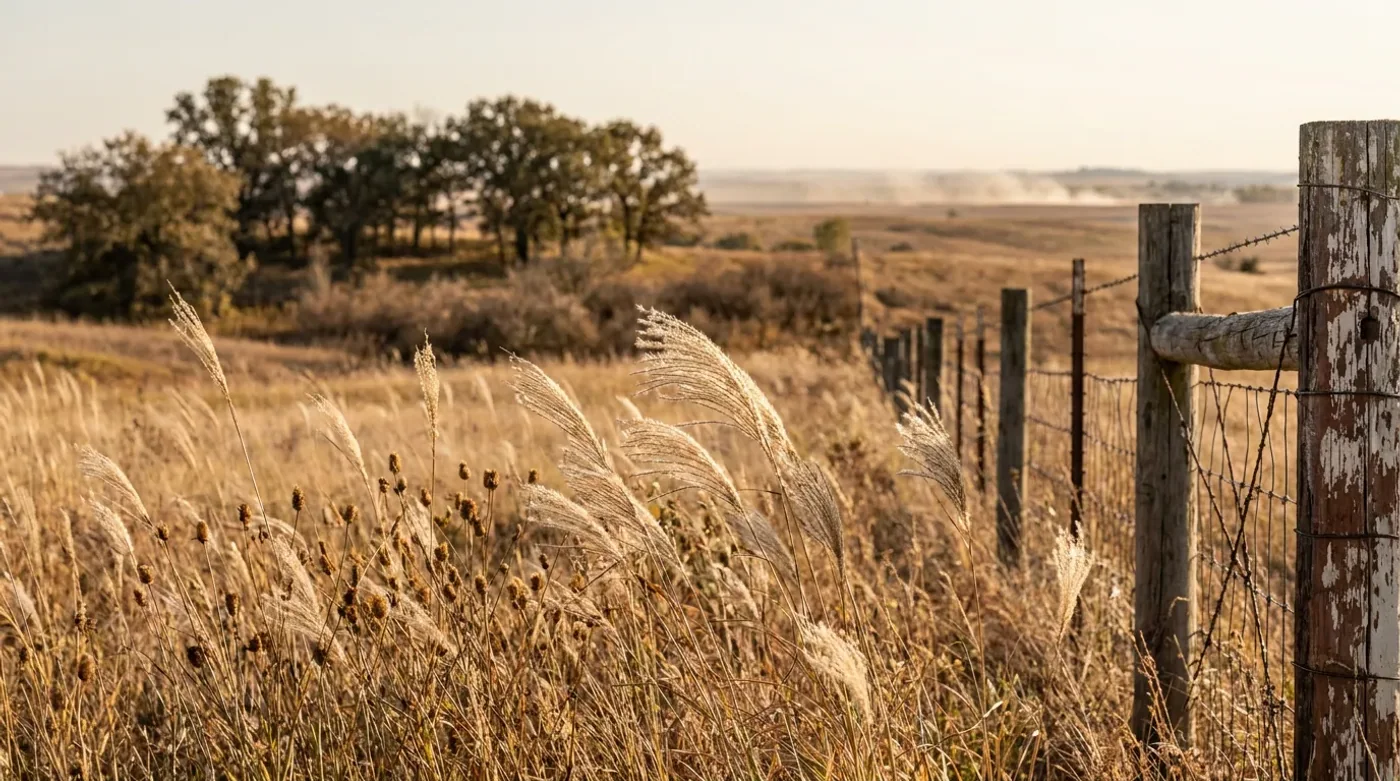 Sunlit dry prairie grasses beside a weathered fence.