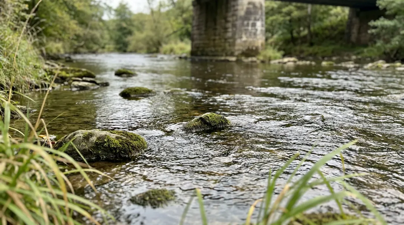 River water flowing around mossy stones beside a grassy bank.