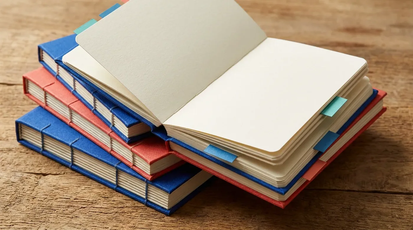 Stacked blue and coral notebooks with blank pages and colored index tabs.