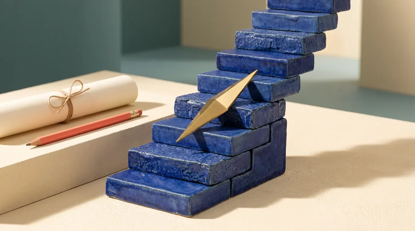 Cobalt ceramic steps with a brass marker beside paper and a coral pencil.