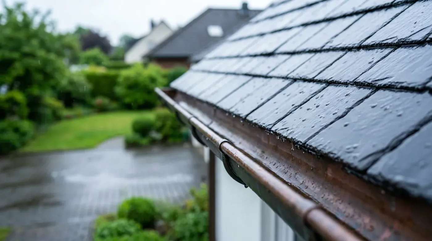 Rain droplets on an undamaged roof and gutter above a suburban garden.
