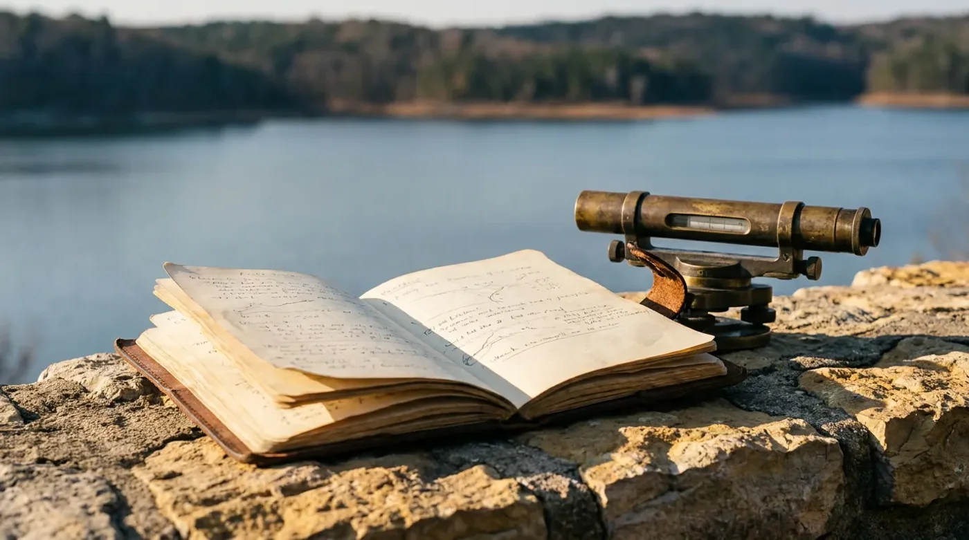 An open field notebook and brass survey level on a limestone ledge beside water.