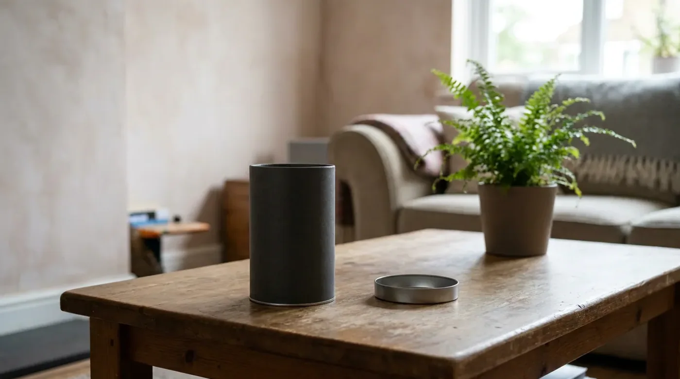 A plain open sampling canister and lid on a wooden table in a sunlit living room.