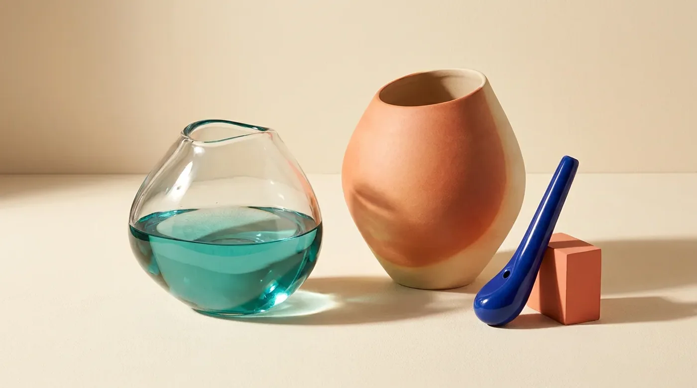 Teal water in a clear vessel beside a terracotta vessel and cobalt object.