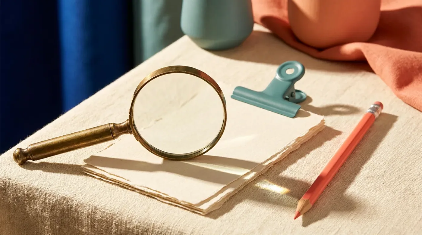 A brass magnifying glass, document clip and coral pencil on cream paper.