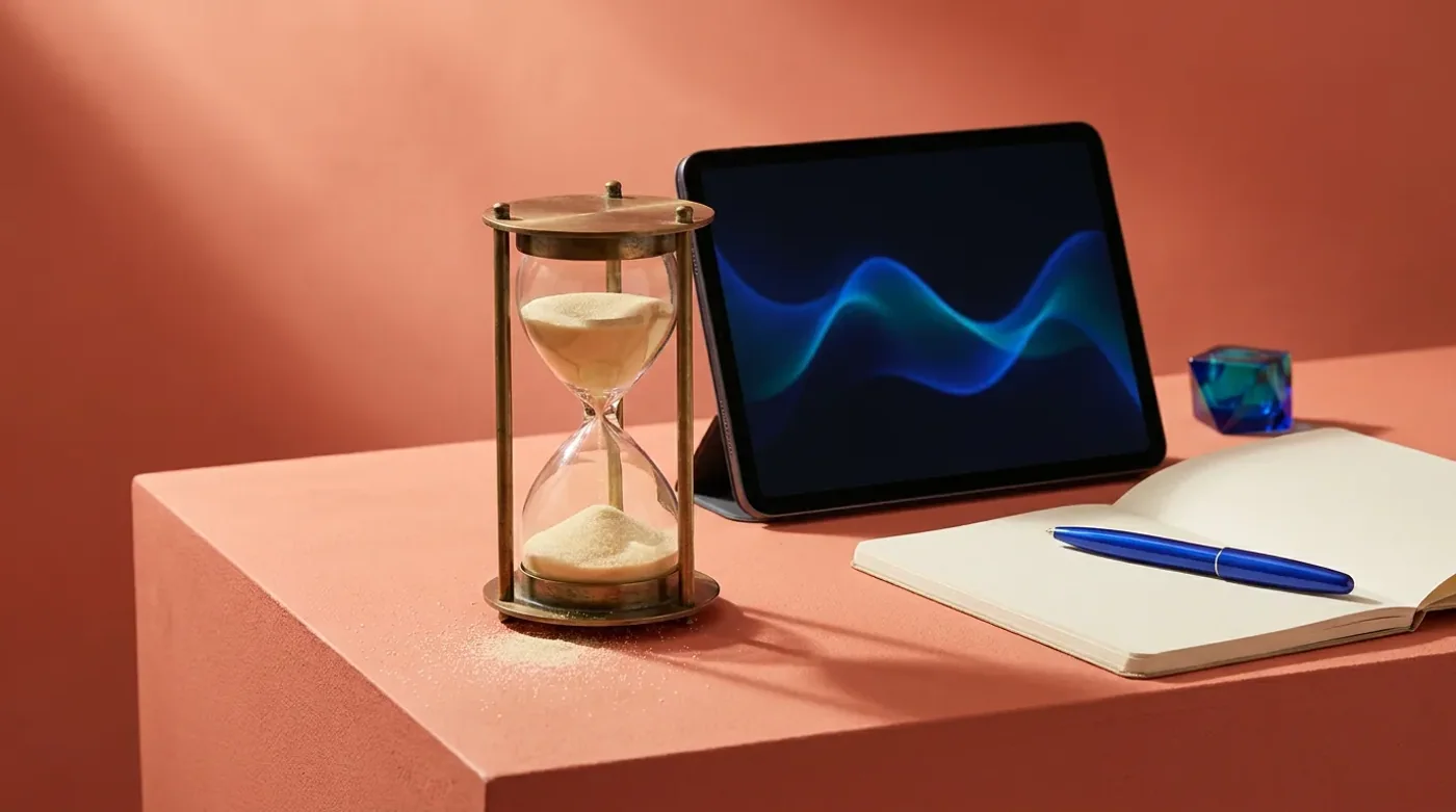A brass hourglass beside a tablet and notebook on a coral desk.