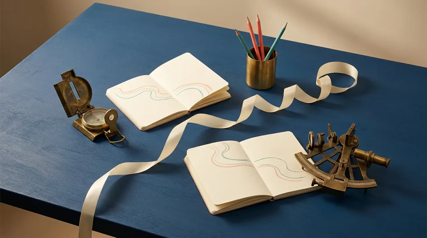 Brass field instruments, open notebooks and a winding paper ribbon on a blue table.
