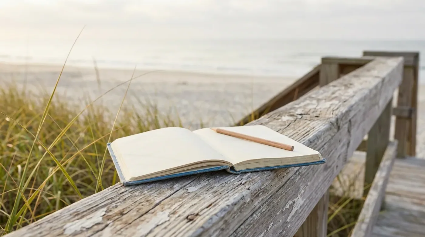 A blank notebook and pencil on a weathered beach railing beside dune grass.