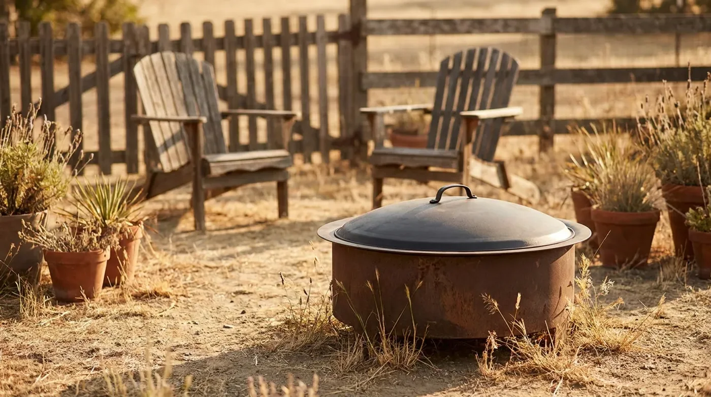 A covered, unlit metal fire pit on a dry rural patio.