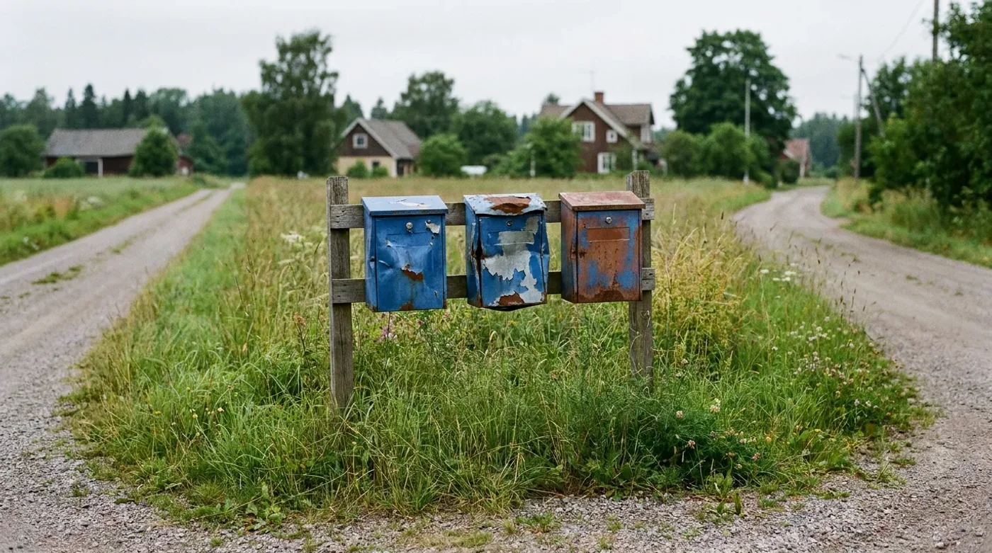 Three rural mailboxes beside quiet lanes and grassy verges.