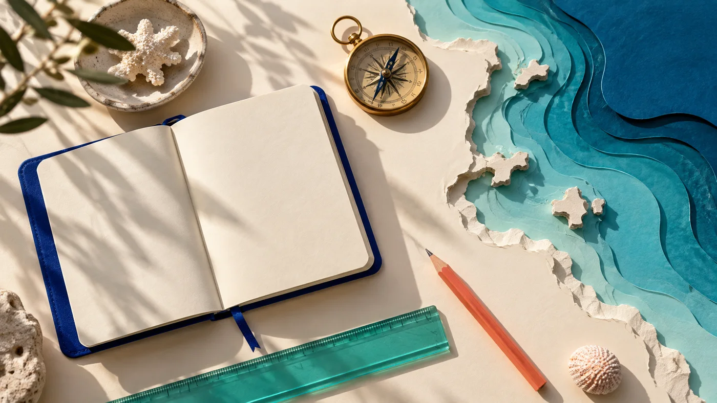 Editorial still life of a blue notebook, brass compass, coral pencil and layered teal paper coastline.