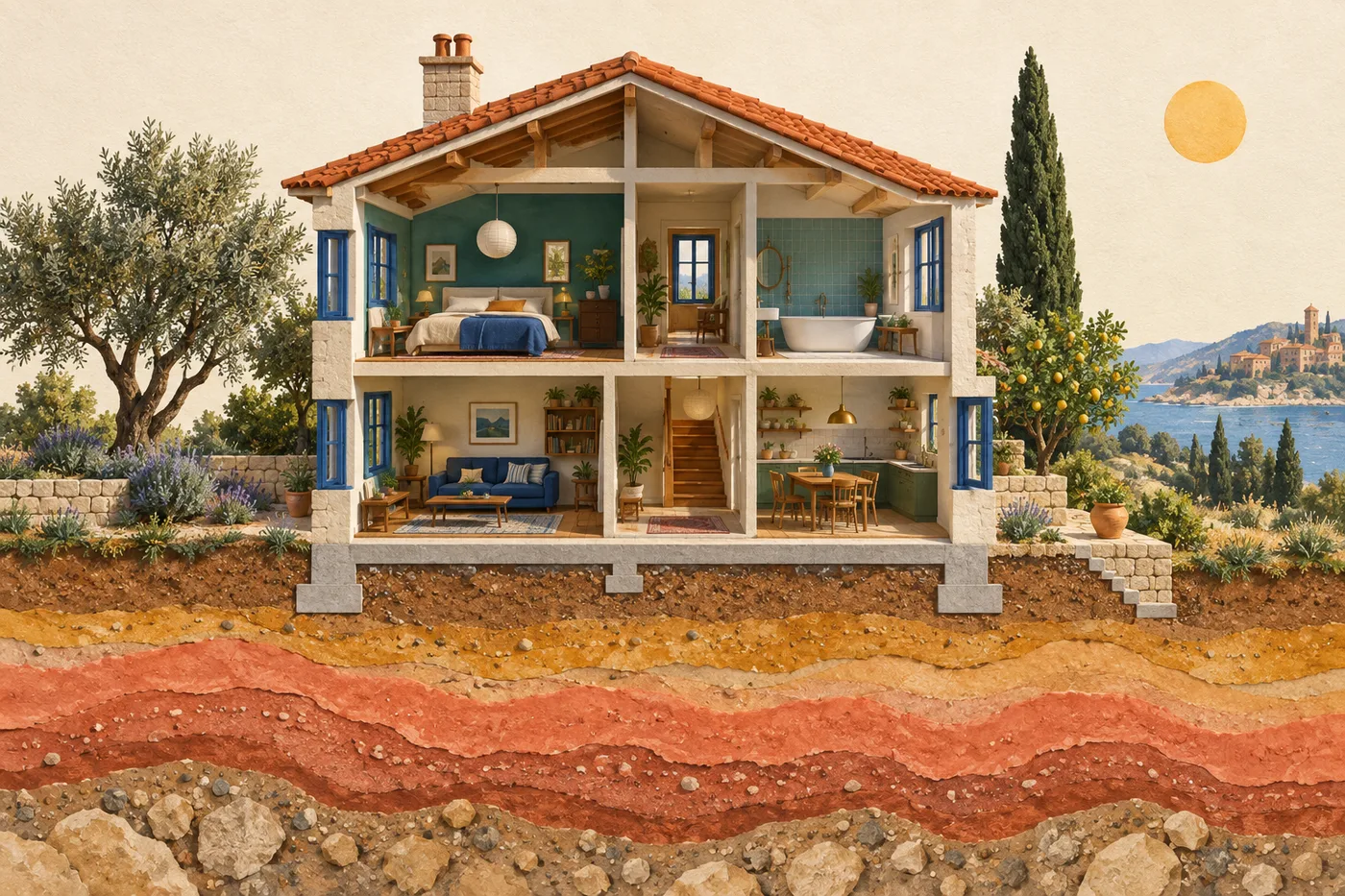 Conceptual cutaway house and layered ground. AI-generated illustration; not a scientific diagram.