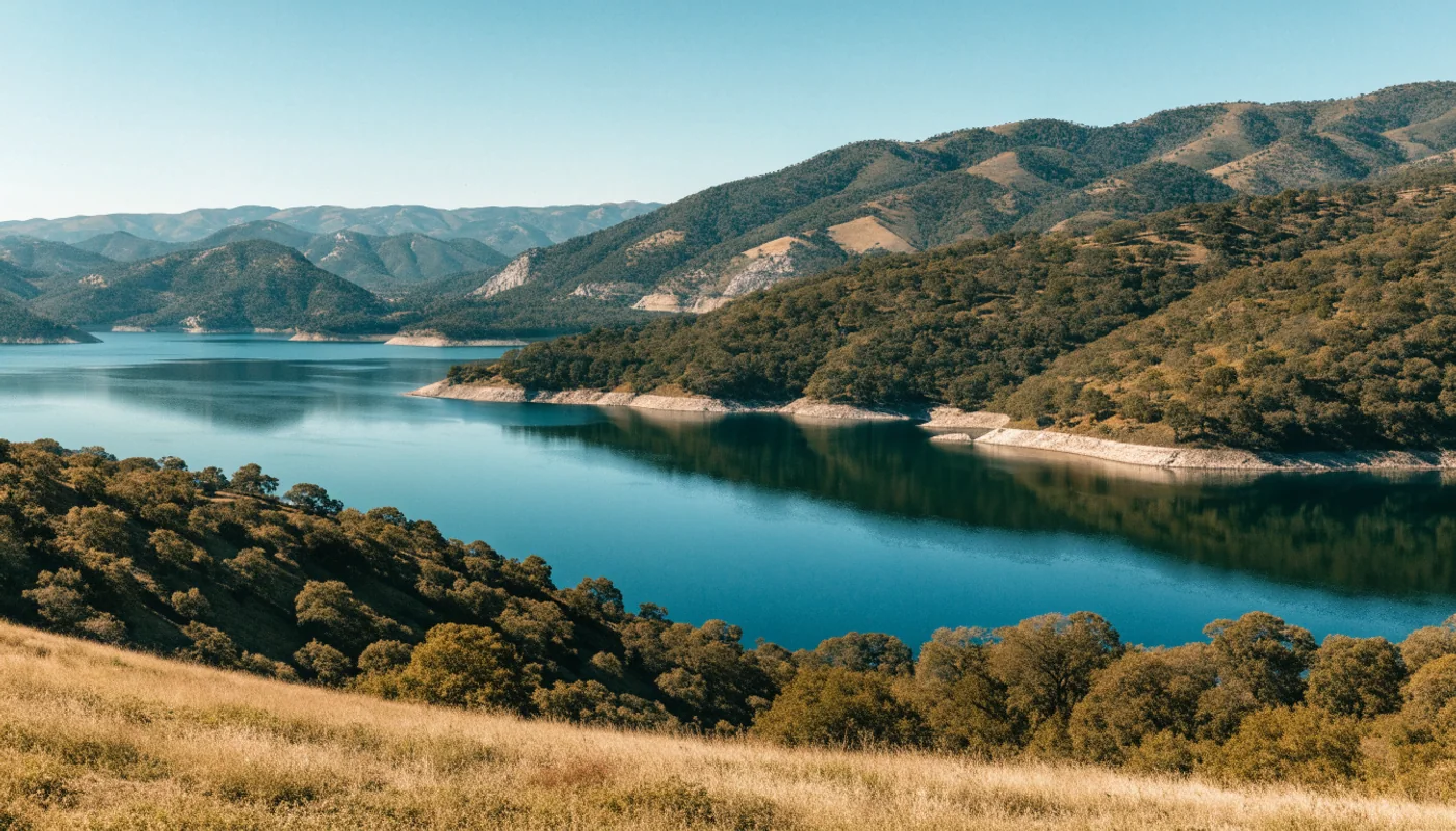 Blue reservoir and rounded oak-covered foothills in a northern California scene.