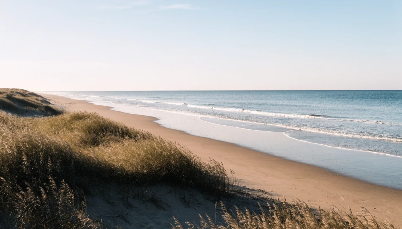Low dunes and sea oats beside a quiet Atlantic beach near Oak Island, North Carolina.