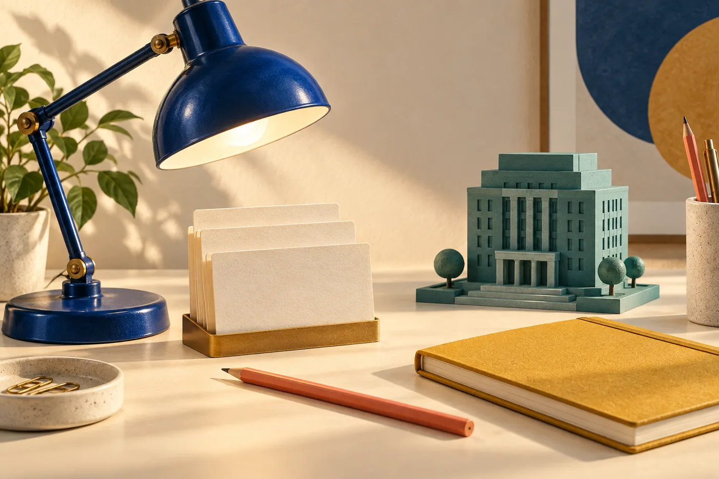 Generated editorial illustration of a blue desk lamp, index cards and a teal office model.
