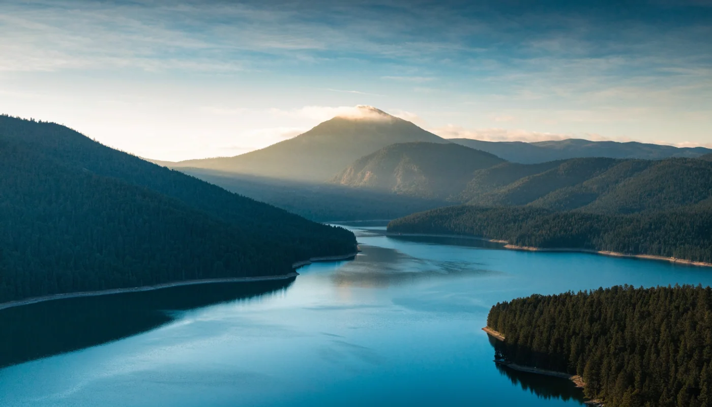 Broad reservoir arm between forested mountain ridges in a northern California scene.