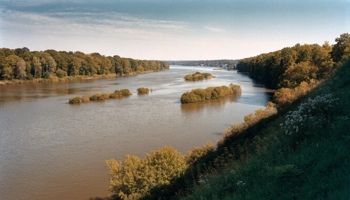 Wide Susquehanna-like river with low wooded islands and autumn trees.