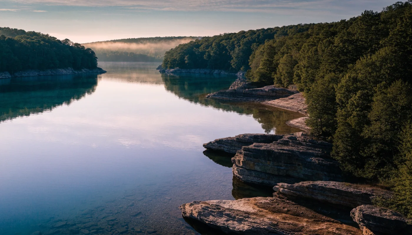 Still Ozark reservoir and layered rock beside wooded headlands.