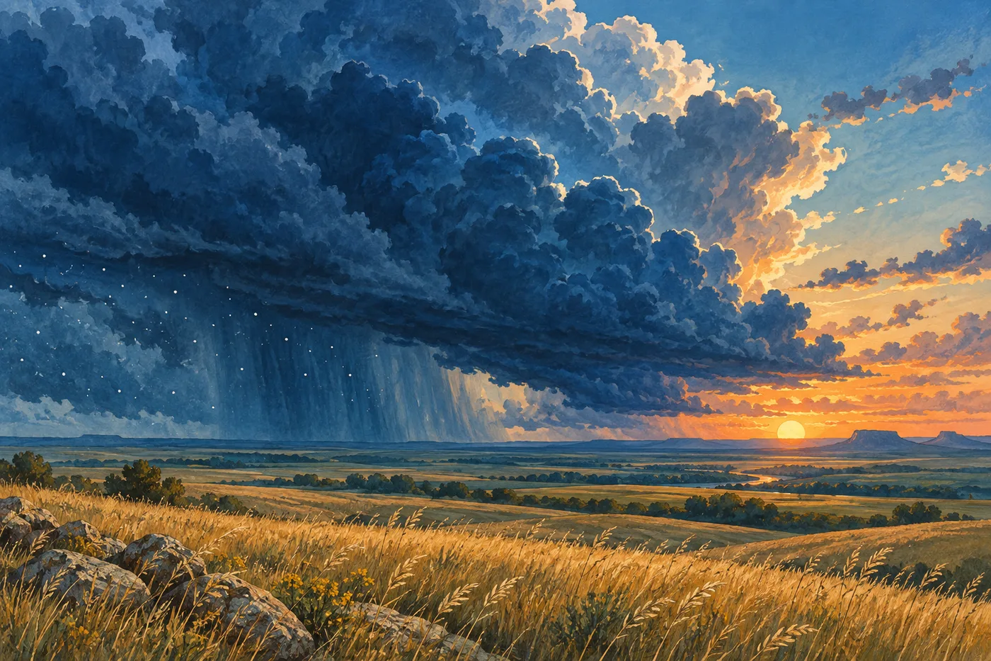 Conceptual storm over a prairie. AI-generated illustration; not a documented weather event.